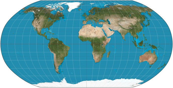 Peta dunia dengan proyeksi Robinson. Perhatikan beberapa bagian daratan yang bisa disambungkan, antara lain antara Amerika Selatan dengan Afrika. Gambar dari Wikipedia